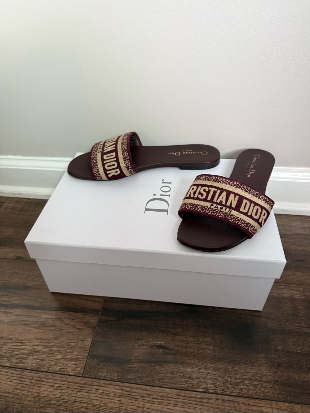 Dior Burgundy and Beige Logo Slide Mules - Picture 4 of 6